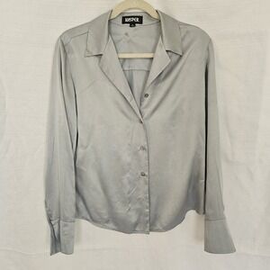 Womens Silk Blouse Blue Silver Collared Long sleeve Button Down Vintage Size 8‎